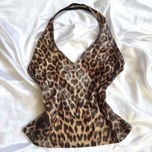 Leopard Print Halter Top Metallic Animal Print V-Neck Sleeveless Tan Brown